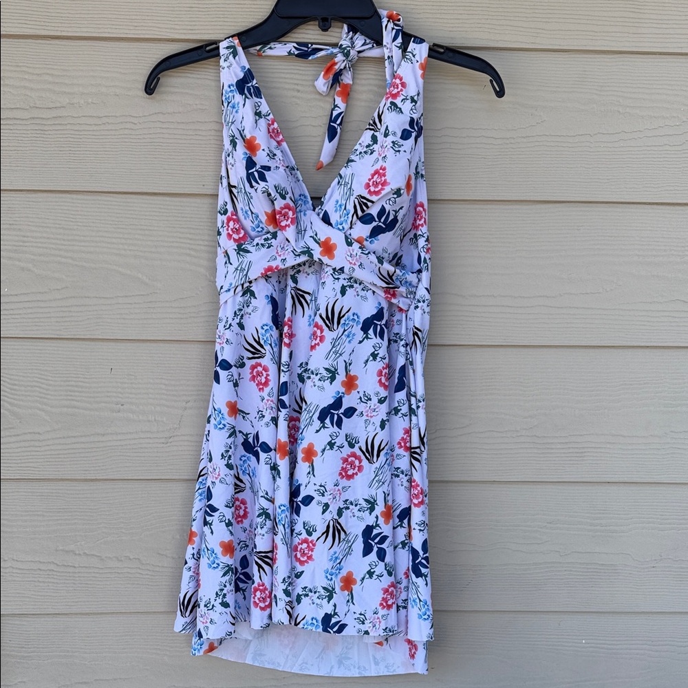 NWT One Piece Tummy Control Halter Deep V Neck Swimdress Floral Swim Suit